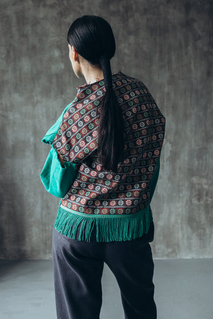 Reworked green denim shirt with a vintage ethnic back