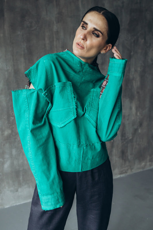 Reworked green denim shirt with a vintage ethnic back