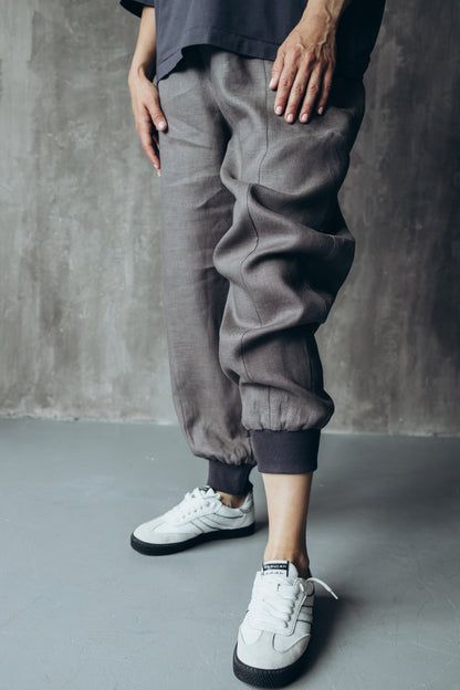 Gray linen joggers with rubber bands