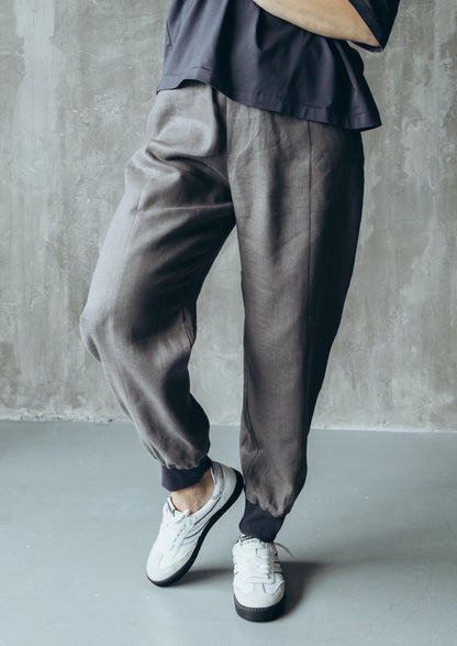 Gray linen joggers with rubber bands