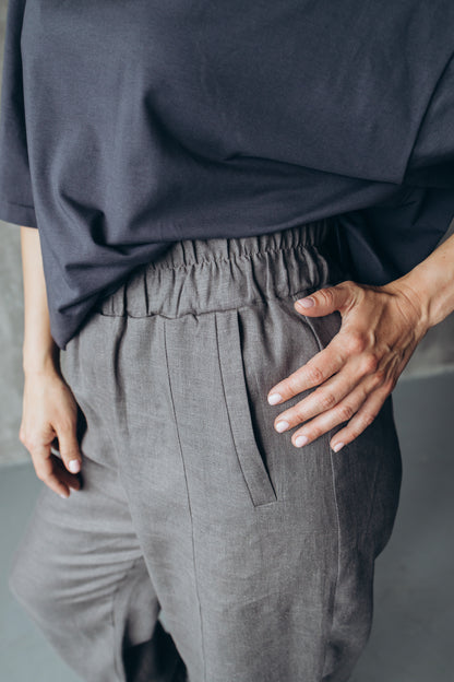 Gray linen joggers with rubber bands