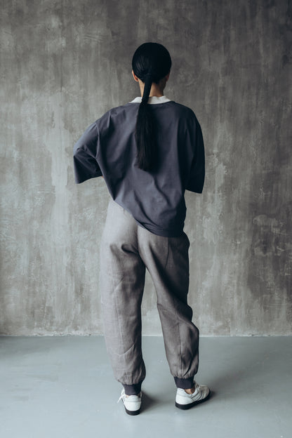 Gray linen joggers with rubber bands