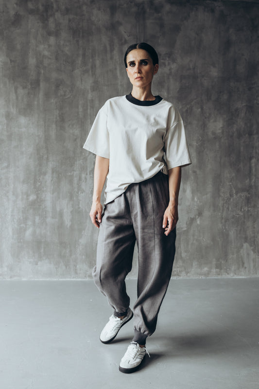 Linen joggers with knitted cuffs