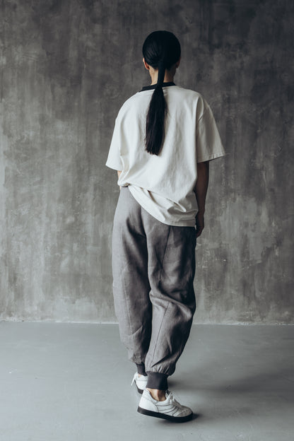 Gray linen joggers with rubber bands