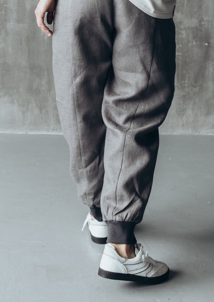 Gray linen joggers with rubber bands