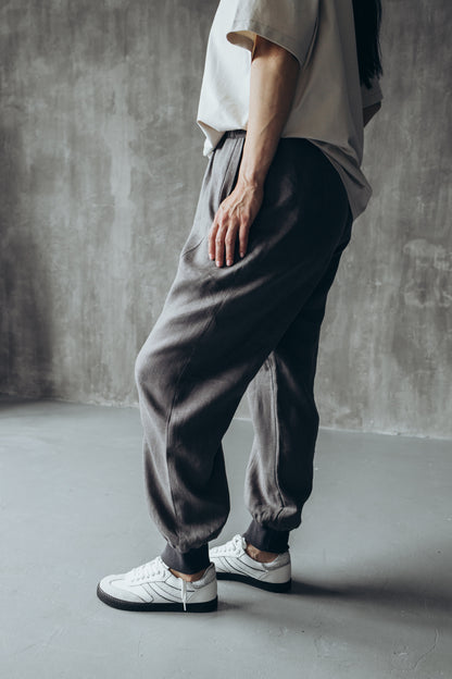 Gray linen joggers with rubber bands