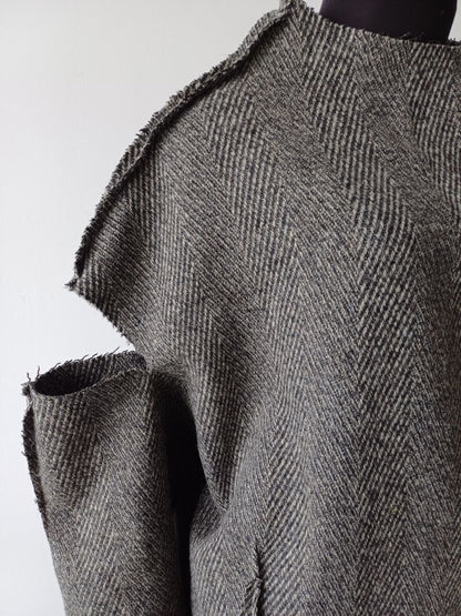 Sweater textile open shoulders gray wool herringbone