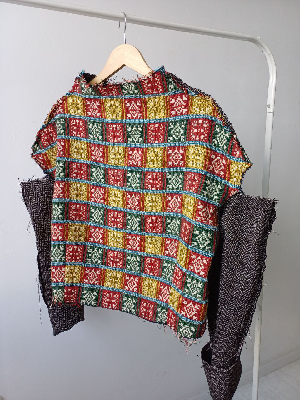 Sweater open shoulders brown herringbone and colored squares