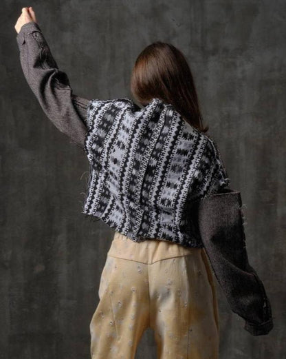 Brown Herringbone and Monochrome Geometric Off Shoulder Sweater