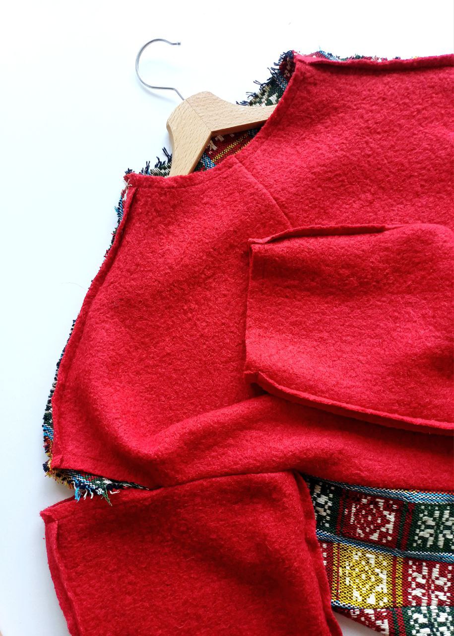 Sweater open shoulders red wool and colored squares