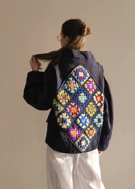 Bomber denim purple texture bark decoration on the back