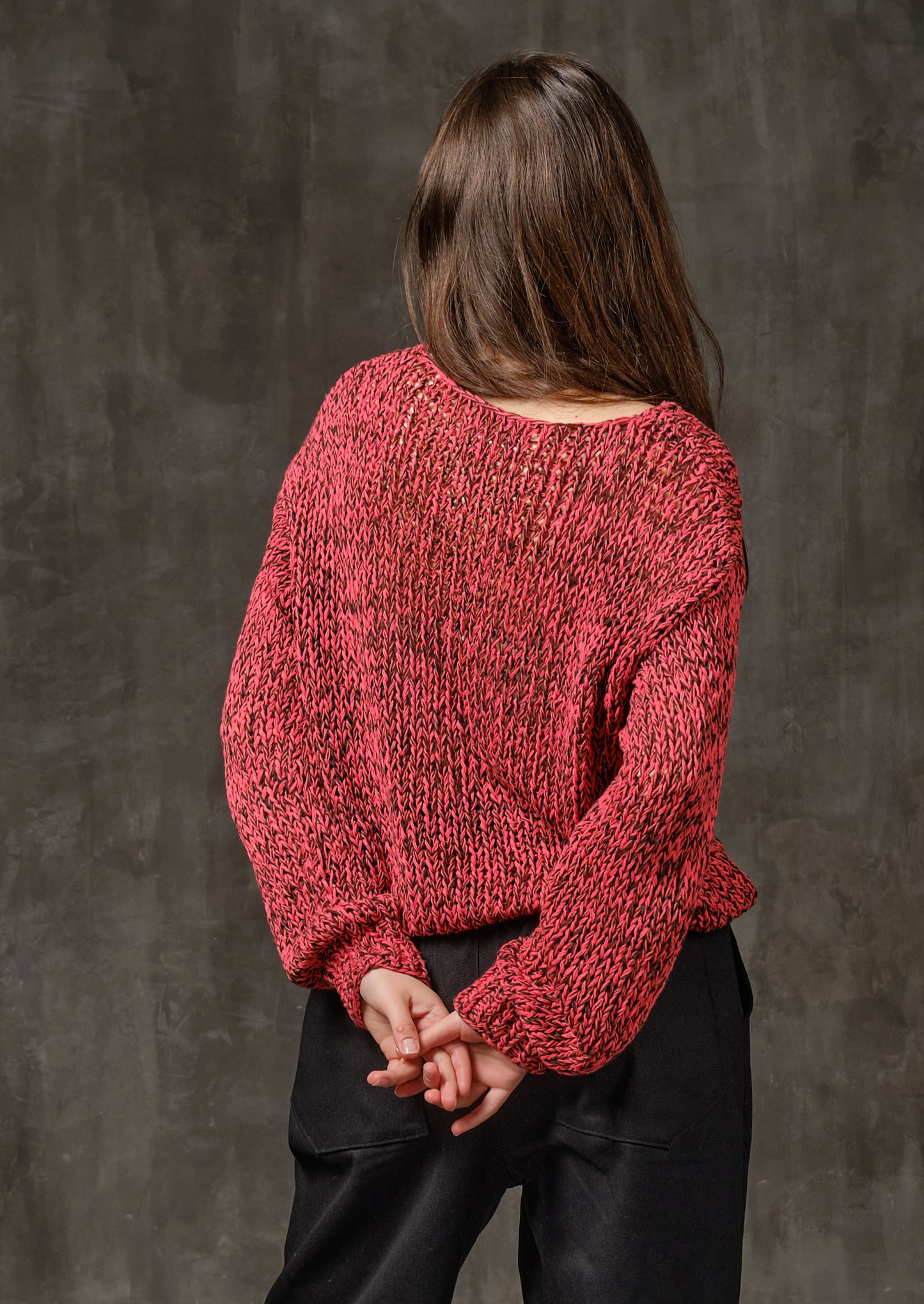 Linen sweater handcrafted red melange