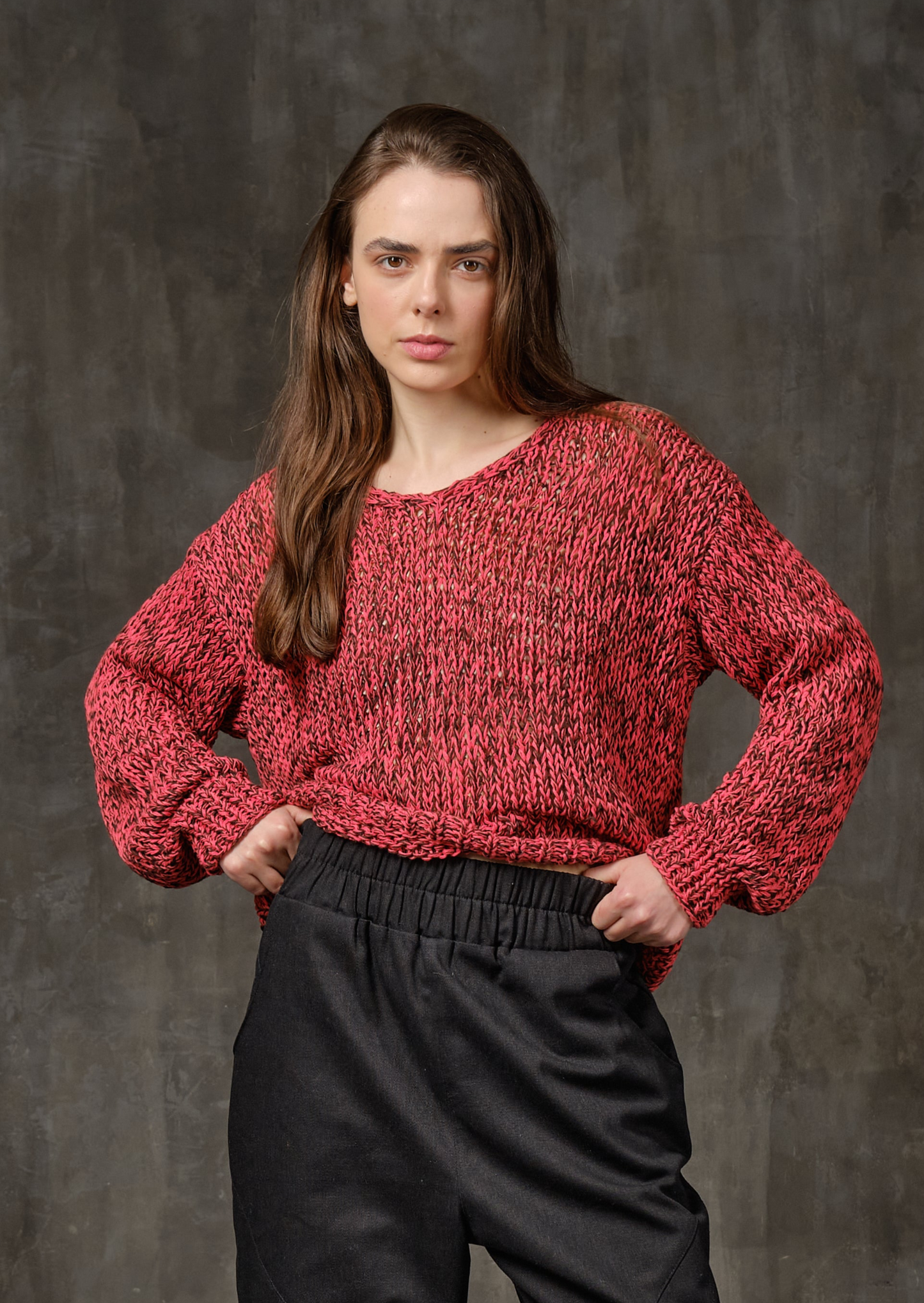 Linen sweater handcrafted red melange