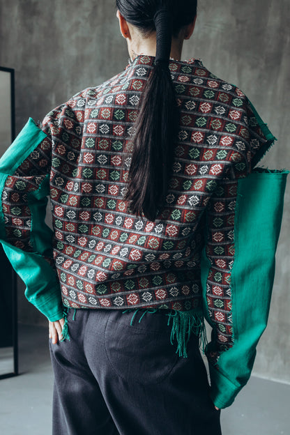 Reworked green denim shirt with a vintage ethnic back